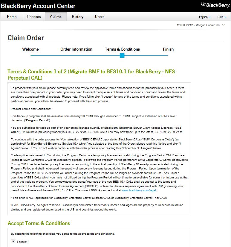 Figure 9 - Trade-Up CAL Terms & Conditions Once you have accepted the Terms and Conditions by selecting on the checkbox, and selecting Next, you will be presented with the Claim Order Finish web page