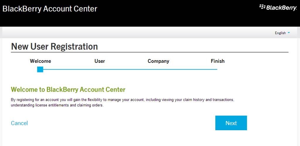 Figure 2 - BlackBerry Account Center Landing Page The Account Registration is supported in the following languages which can be customized in the top right corner of the