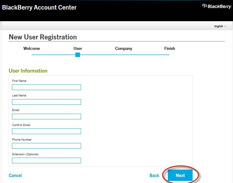 Figure 5 - New User Information NOTE: If you are already associated with an account you will receive a message that you can sign in with your existing BlackBerry Account