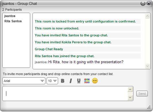 4.3 Group Chat (Conference IM) Bria 3 for Windows User Guide Retail Deployments Group chat allows you to exchange instant messages with a group of people in the same session.