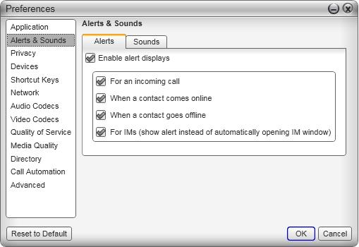 CounterPath Corporation Preferences Alerts & Sounds The tabs on this panel let you control the Call Alerts box and lets you assign sounds.