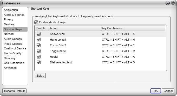 CounterPath Corporation Preferences Shortcut Keys You can enable shortcut keys to several functions. Click to enable shortcut keys.