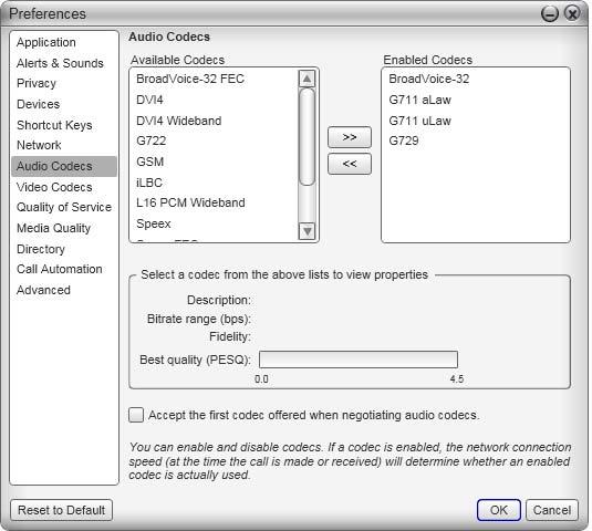 CounterPath Corporation Preferences Audio Codecs This panel shows all the codecs that are included in the retail version of Bria. You can enable or disable codecs as desired.
