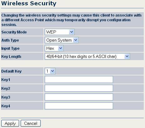 Auth Type: In the drop-down list, select an authentication method. The options are Open System, Shared Key, and Auto.
