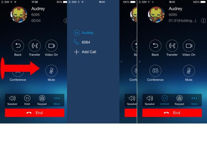 1. Slide right to access call line screen. 2. Tap on the line to select. 3. Tap on the right area, or slide to left and go back to the call screen. 4.