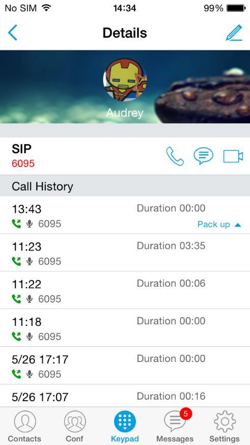 Figure 32: Grandstream Wave Call History Details Screen Users could view recent call history of this entry, make calls or send messages to it (not applicable to SIM card number or anonymous call).