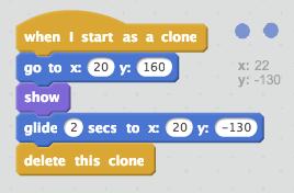 The clone should then glide for 2 seconds until it reaches the four key sprites,