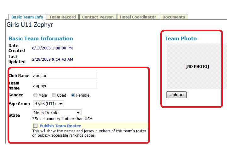 8 Team Profile The Team Profile link can be found on the gray menu bar.
