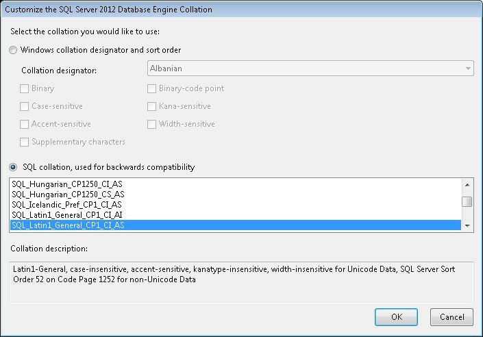 If [Collocation designator(d)] is selected, various collocation designators are displayed. According to checked option, user can set binary, accent-sensitive etc.