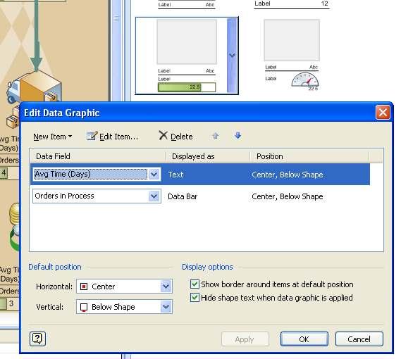2) Mouse-over the Format Box until the right side down arrow appears, 3) Click on the down arrow 4) Select Edit Data Graphic from the menu 5) The Edit Data Graphic dialog box appears 6) In the dialog