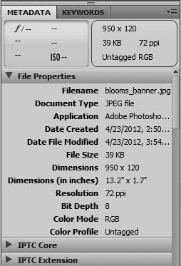 Figure BR-4: Viewing the metadata for the blooms_banner.jpg file Figure BR-5: Viewing the keywords for the blooms_banner.jpg file Metadata for the blooms_banner.