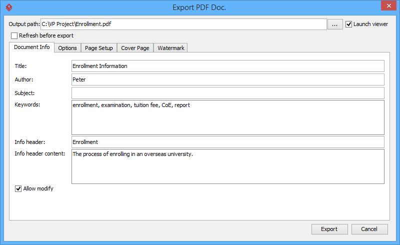 In document, click the Export button at the top right corner and select a type of document for