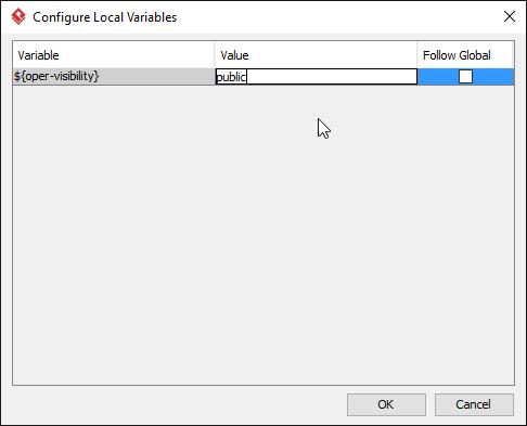 When finished, click OK to confirm. Besides entering the value, there is an option Follow Global in the configuration window. The value of variable can be set locally and globally.