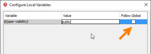 To make a variable follows global setting, simply check Follow Global. To enter the value of variables globally, click on the Configure Global Variables... button in the toolbar of Doc.