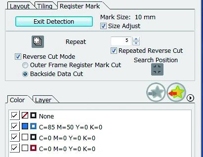 Cutting an Object 12 13 Set the reverse cutting. Check the Reverse Cut Mode. [Backside Data Cut] : ON [Repeated Reverse Cut] : ON Search Position: Search position of register mark is only four points.