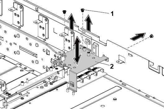 Figure 76. Removing and installing the midplane holder support 1 screw (3) 2 midplane holder support 11 Remove the screws that secure the midplane holder to the chassis.