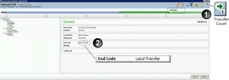 Transferred Interaction Example Call Transfers are another interaction scenario you can view Interaction Details about. Local and remote transfers can be examined in the Interaction Details dialog.