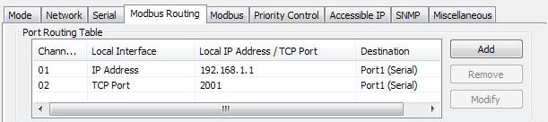 When the gateway receives a Modbus request designated for TCP port 2001, it will forward the Modbus request to serial port 1 directly.