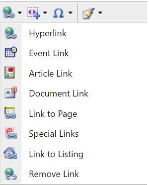 Insert Hyperlink: Used to insert various hyperlinks such as: event links, article links, document links, page links, or