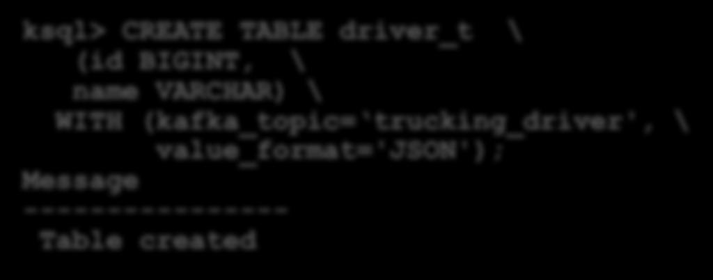 Demo (V) - Create Table with Driver State ksql> CREATE TABLE driver_t \ (id BIGINT, \ name VARCHAR)