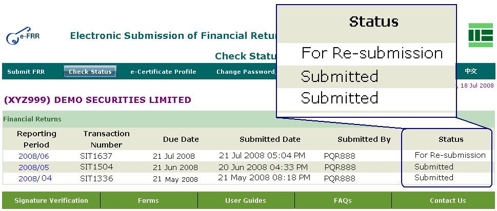 Reporting Period: Reporting period of the financial return submitted. Transaction Number: Unique transaction number of each submission. Due Date: The due date of each reporting period.