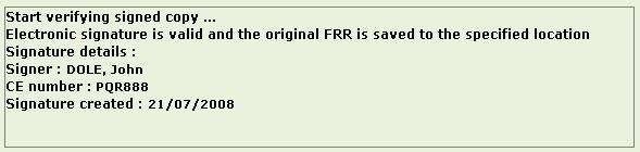 Figure 46: Location of the original FRR after extraction To start verifying the electronic signature and extraction of the original financial return, click on the button.