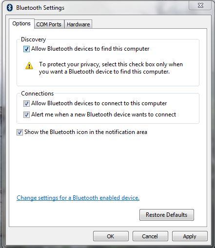 When the Bluetooth Settings Window opens, make sure that the checkbox for
