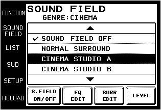 SOUND FIELD screen Screen for recording audio and video from one component to another (see page 15). Screen for selection and adjustment of the sound fields (see page 16~18).