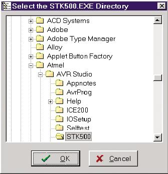 Then press the STK500.EXE Directory button in order to specify the location of the stk500.exe command line utility supplied with AVR Studio.