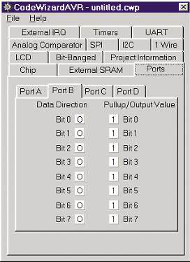 AVR033 Configuring the Input/Output Ports Select the Ports tab to determine how the I/O ports are to be initialized for the target system. Figure 7.