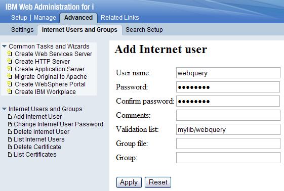 Figure 1: Add an Internet user. Now that you have the validation list created, you need to set the Web application to use it. For this, go to the Apache configuration. On the top bar, select Setup.