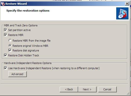 Check the boxes as shown on the screen. [x] Restore MBR [x] Restore original Windows MBR Note!