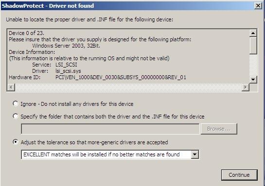 device driver to use. When you have saved the file, click [Close] and click [Close] on the ShadowProtect HIR Configuration Screen.