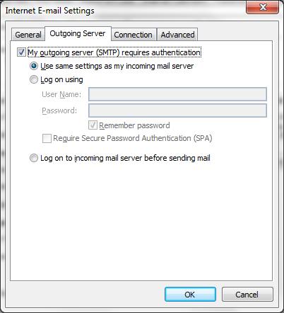 f. Go to More Settings Outgoing Server Tab Check My