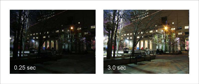 Figure 1.1: Night Photography. Two pictures of the same scene taken with different exposure times. (Image courtesy of http://www.photoxels.com/tutorialnight-photography.