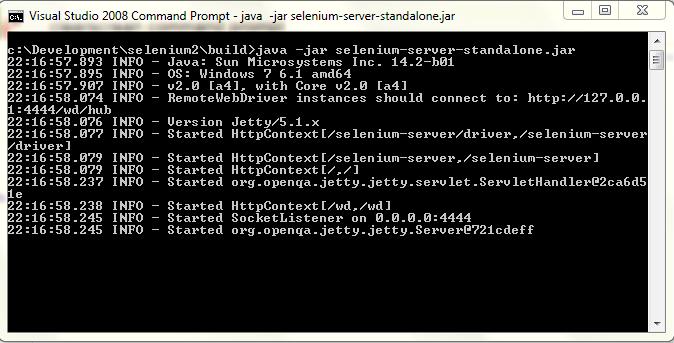 First Steps with Selenium RC 4. Run the command java jar selenium-server-standalone.jar and the output should appear similar to the following screenshot: What just happened?