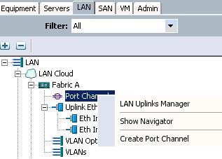 Click on the valid cabled uplink port and click Reconfigure. After all links are configured as Uplink Ports, navigate under the LAN tab right click Port Channels and click Create Port Channel.