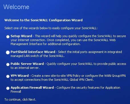3. The SonicWALL Setup Wizard launches and guides you through the configuration and setup of your SonicWALL NSA appliance.