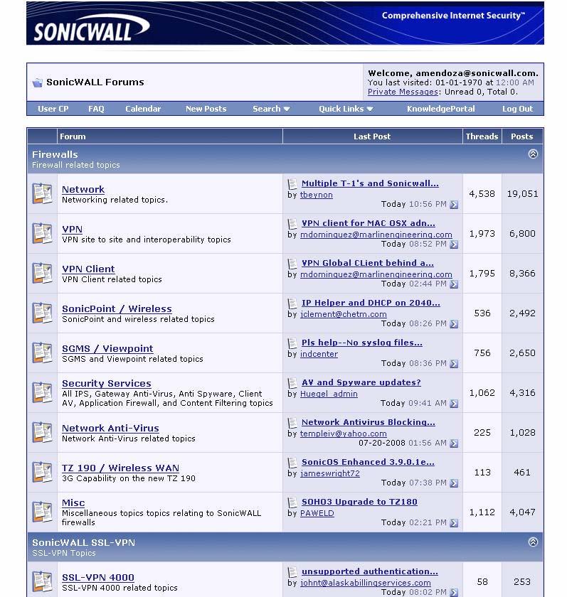 User Forums The SonicWALL User Forums is a resource that provides users the ability to communicate and discuss a variety of security and appliance subject matters.