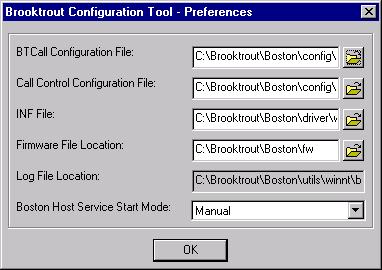 Choosing the File Location When you start the Brooktrout Configuration Tool for the first time, you can choose the locations for various files using the Brooktrout Configuration Tool - Preferences