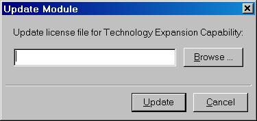 2. Click Update License to load the license file updates. The Update Module dialog appears: 3. Click Browse to locate the license file (*.