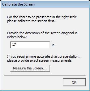 A dialogue appears for calibrating the screen display: Insert the size of your screen