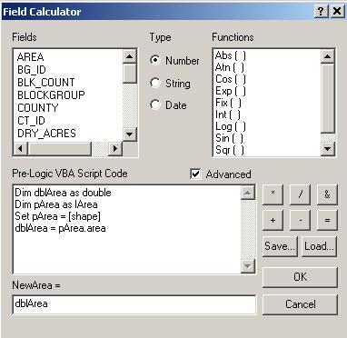 Click on the "NewArea" field and click the right mouse button. Select Calculate Values.