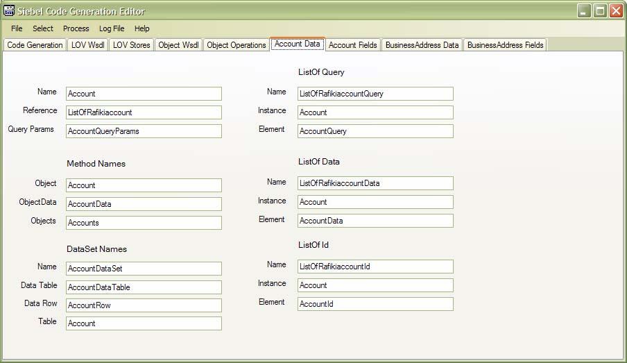 Siebel Web Services RAD Development Futures Page 15 of 29 Figure 12: Sample editor displaying entry of Siebel Account data; values derived from the WSDL and defined defaults From the user perspective