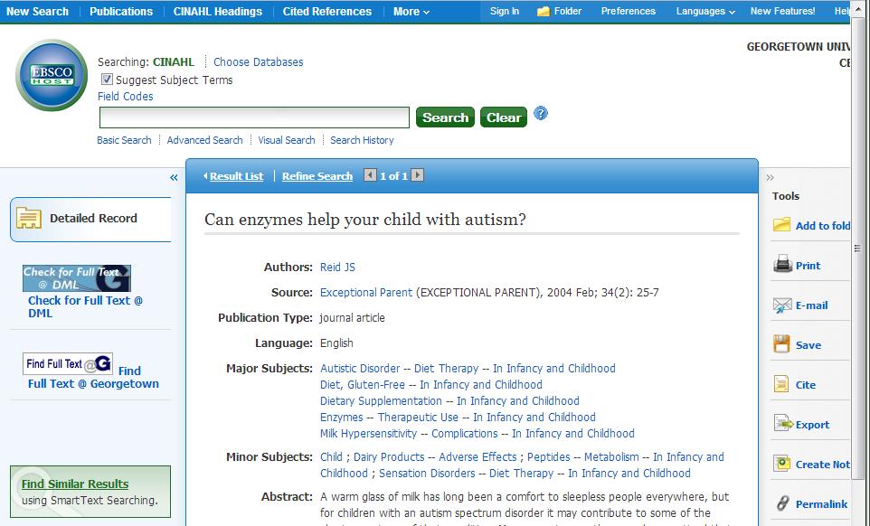Using DML Databases and Link Resolver (continued) Example: CINAHL This is a sample citation from CINAHL.