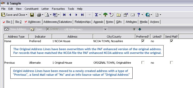 ADDRESS ENHANCEMENT, TRACING AND DE-DUPLICATION FOR ENHANCED SERVICE NCOA Query on constituents who hve een updted with NCOA flg Addresses Preferred Address Specific Attriutes MilWise Address Updte