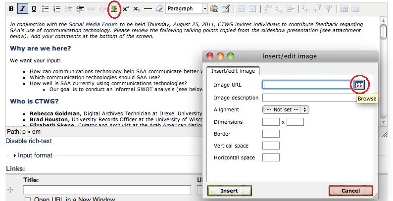 Figure 3. Insert/edit image icon and dialog box. Rich-text Formatting Most content types feature at least one long-text field with a WYSIWYG 1 formatting toolbar (Figure 3).