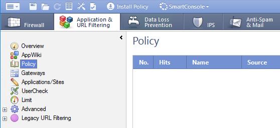 In SmartDashboard: Go to Application & URL Filtering tab and click on Policy in the left column.