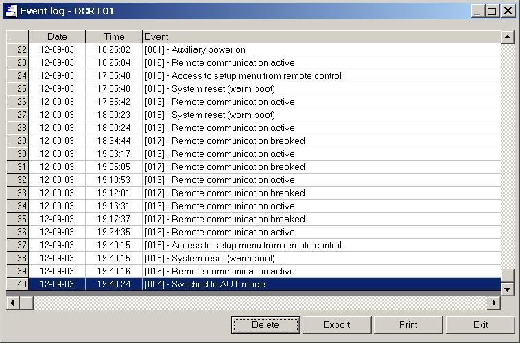 Event log The event log window shows what happened to the system in the past, keeping trace of the last 40 events each of them with date and time reference.