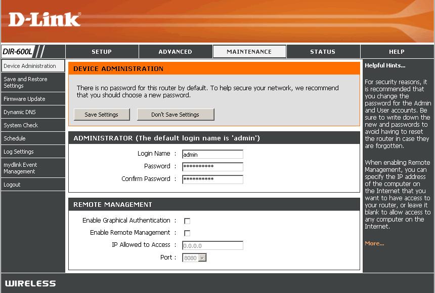 Section 3 - Configuration Administrator Login Name: Administrator Password: Enable Remote Management: IP Allowed to Access: Port: Enter a new Login Name for the Administrator account.